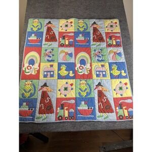 Handmade Multicolor Embroidered Cotton Novelty Crib Quilt 3.5'x4'